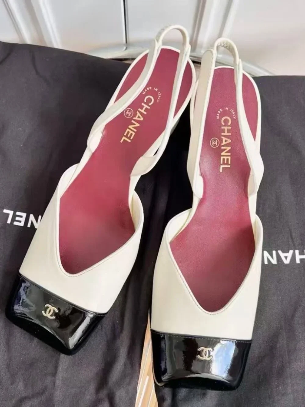 Chanel Two-Tone Black White CC Logo Square Toe Block Heel Shoes